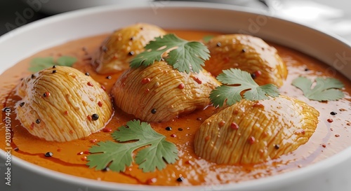 Close up of a vibrant dish with savory elements and fresh green herbs