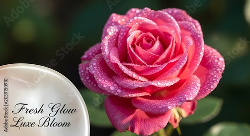 Close up of a vibrant pink rose with water droplets in natural sunlight