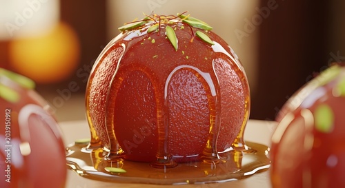 Close up of a vibrant dessert with syrup and garnish against a blurred background