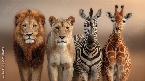 Fototapeta African Wildlife Portrait Lion Lioness Zebra and Giraffe Together.