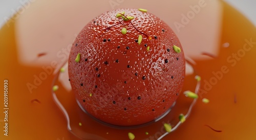 Close up of a vibrant red dessert in syrup garnished with pistachios