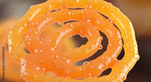 Close up of a vibrant orange spiral shaped dessert on a blurred background