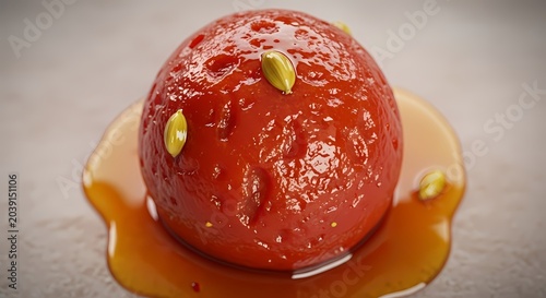 Close up of a vibrant red dessert with syrup and spices on a light background