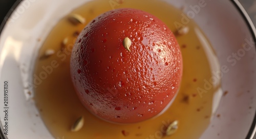 Close up of a vibrant red dessert with syrup on a white plate