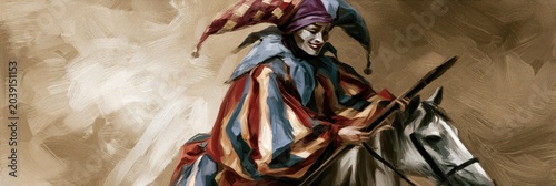 Jester Plays Guitar While Riding a Horse During Medieval Times