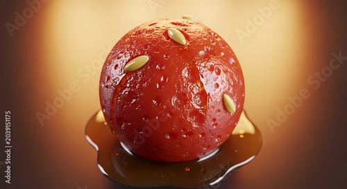 Close up of a vibrant red fruit with seeds and a glossy texture