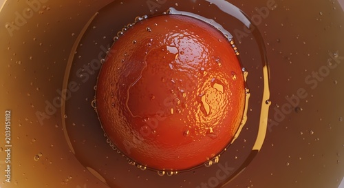 Close up of a vibrant red tomato in a dark brown liquid overhead shot