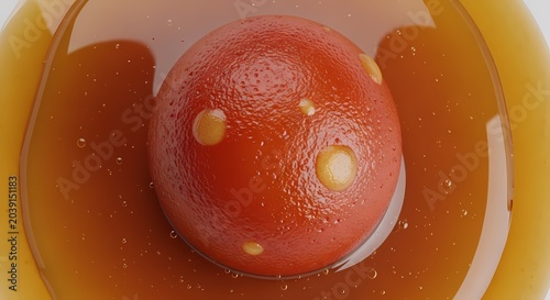 Close up of a vibrant red tomato immersed in a golden brown liquid