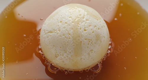 Close up of a white sphere floating in a brown liquid