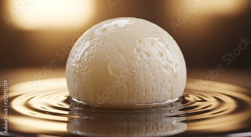 Close up of a white sphere floating on liquid with rippling effects