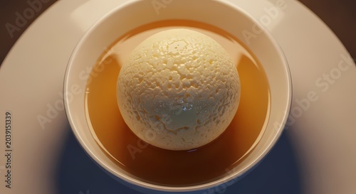 Close up of a white sphere in broth served in a white bowl overhead view