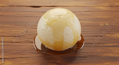 Close up of a white sphere with honey dripping onto a wooden surface