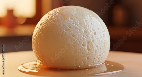 Close up of a white sphere with a light brown liquid on a wooden surface