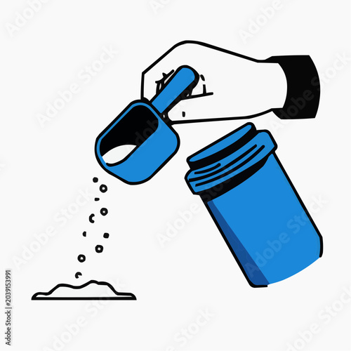 Flat vector illustration of a hand pouring creatine powder from a scoop, suitable for fitness blogs, supplement ads, or health-related content.