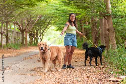 Canvas Print Woman walking two dogs on a nature path
