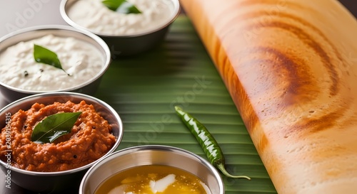 Close up of freshly prepared dosa and assorted chutneys with ingredients