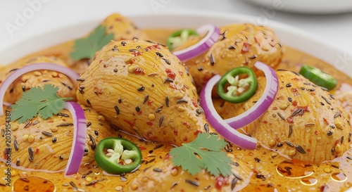 Close up of freshly prepared chicken dish with vibrant spices and garnishes