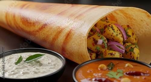 Close up of freshly prepared dosa with fillings chutneys and sambar