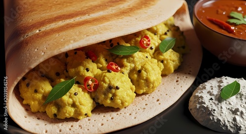 Close up of freshly prepared dosa filled with savory stuffing and dipping sauces