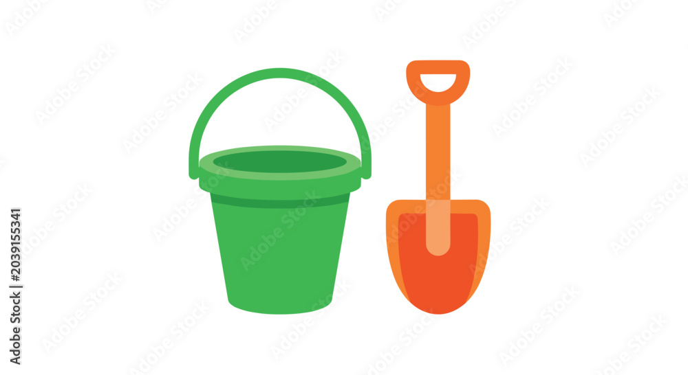 Obraz premium Flat vector illustration of a green plastic bucket paired with an orange shovel positioned on a white background for simple summer beach toy graphic design projects.