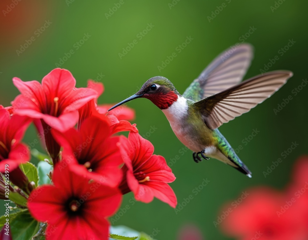 Fototapeta premium Small ruby throated hummingbird hovers near bright red flowers drinking nectar. Tiny bird with long beak and spread wings in green garden. Female bird flies in nature habitat.