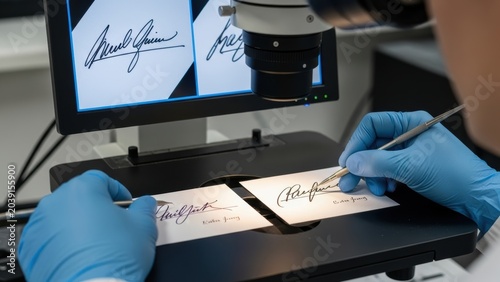 A forensic expert in blue gloves analyzes and compares signatures.
