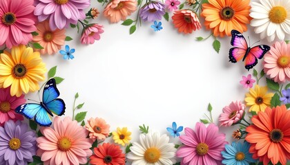 Colorful gerbera daisy flowers, butterflies create vibrant border on white background. Composition features various flower types, insect life, suggesting garden natural setting perfect for springtime