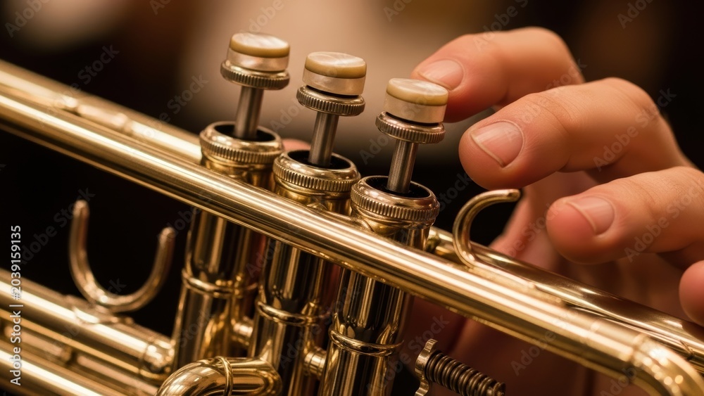Fototapeta premium A hand playing the valves on a golden trumpet.