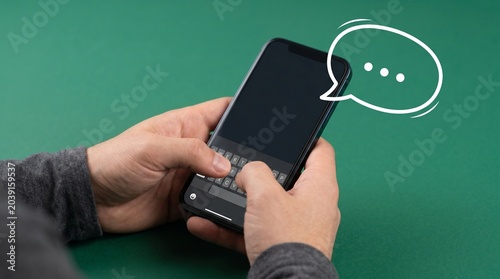 Hands Holding Phone Green Teal Background Messaging Chat