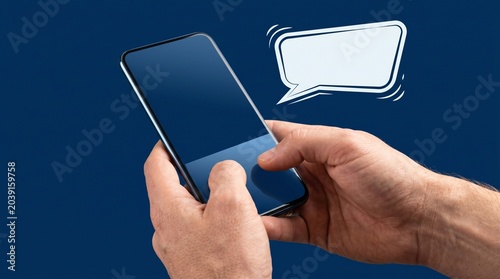 Hands Using Smartphone Dark Blue Background Messaging