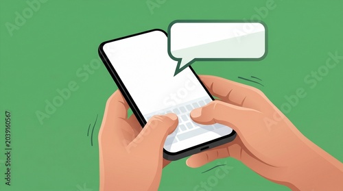Person Typing Message on Phone Green Background Chat Bubble