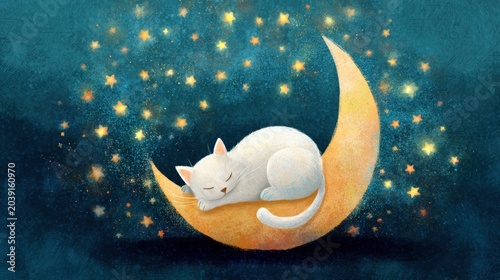 Sleeping Feline Dreamscape: A serene white cat slumbers peacefully on a crescent moon, surrounded by a whimsical night sky filled with twinkling stars.