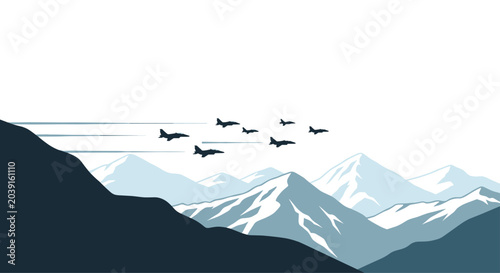 A formation of military fighter jets flies swiftly over dark jagged mountain peaks against a bright and clear minimalist sky in a stylized digital scene.