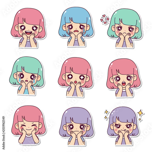 Obraz na plátně Cute Kawaii Girl Emotions Sticker Pack Vector Illustration
