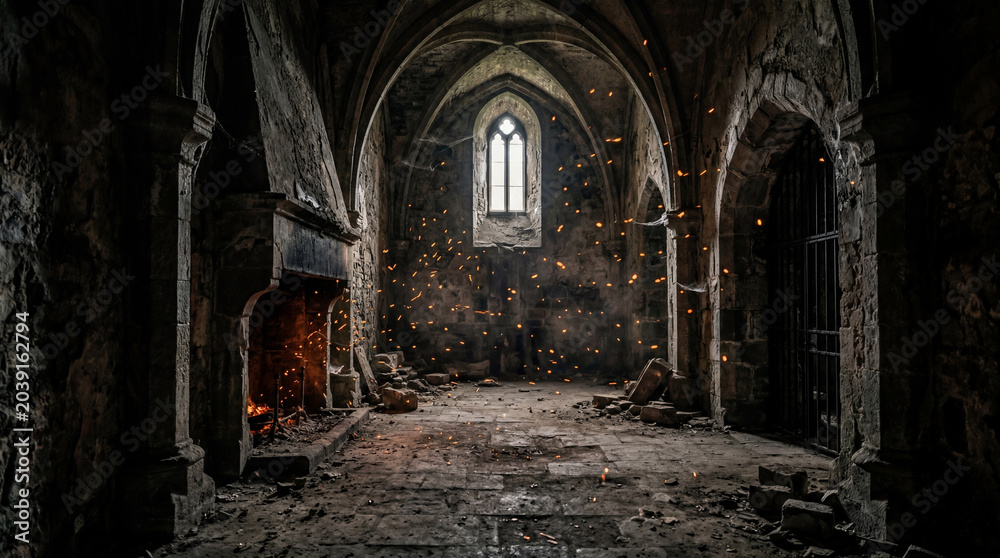 Obraz premium Cinematic shot of dark abandoned stone chamber filled with floating orange embers drifting slowly atmosphere