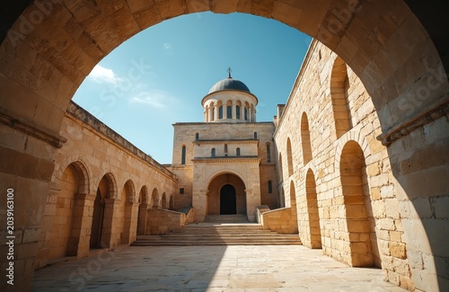 Dormition Abbey monastery on Mount Zion Jerusalem Israel. Stone building with dome and arches. Located on holy hill in old city. Famous Christian pilgrimage site for tourists.