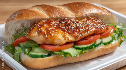 Sichuan Pepper Chicken Fillet Sandwich. Inside the sandwich, there is a chicken fillet sprinkled with sesame seeds