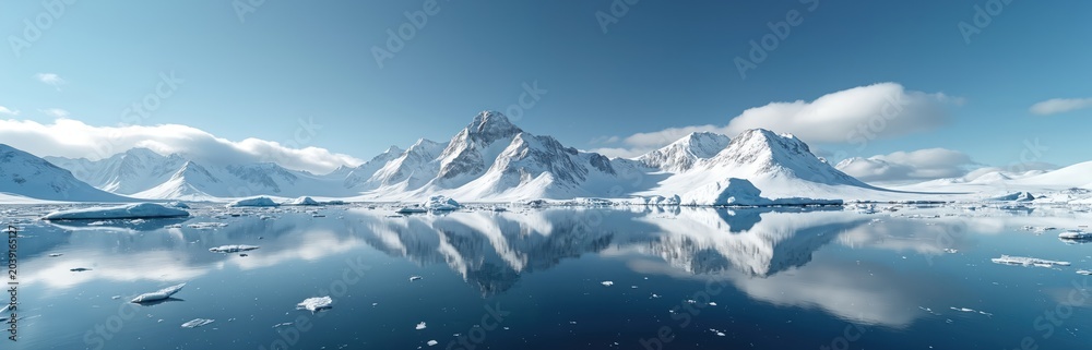 Obraz premium Snowy mountains reflected in calm Antarctic water with floating ice chunks. Clear blue sky with clouds above glacial landscape. Peaceful remote polar region.