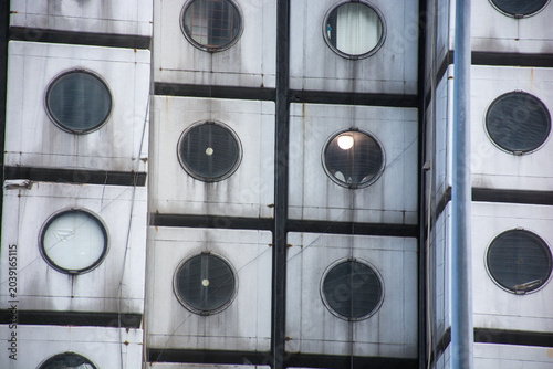 Historical Resource (24 October 2018) of Tokyo, Japan : close up of the capsule pod in Nakagin Capsule Tower (1972-2022 demolition) , It was the world's first example of capsule architecture