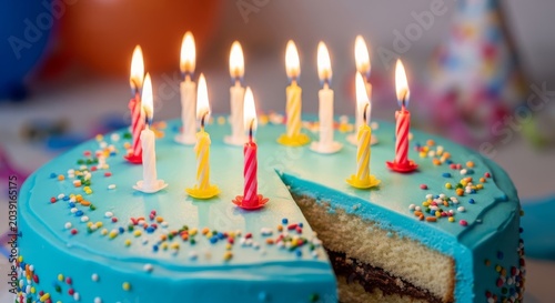 Blue Frosted Birthday Cake With Candles Celebrating Party.