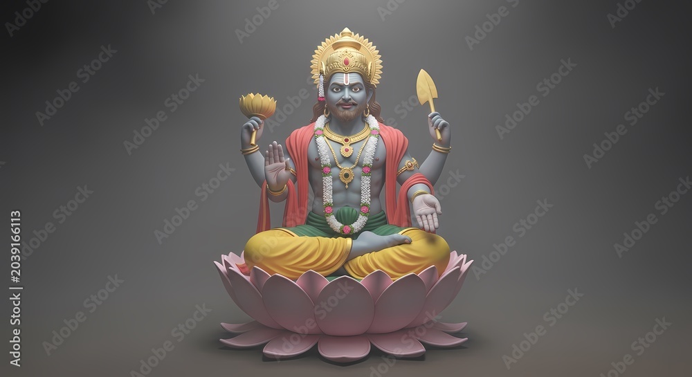 Obraz premium Digitally rendered statue on lotus flower against a dark background