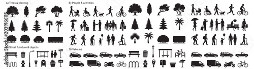 Urban Park Silhouette Icons Set With People, Trees, Street Furniture and Vehicles