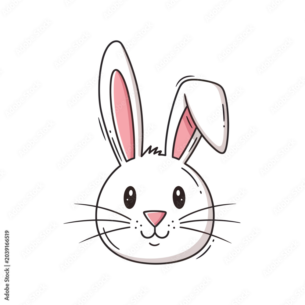 Fototapeta premium Cute White Bunny Rabbit Face, Cartoon Style, Isolated on White Background