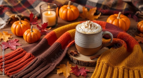 Cozy Autumn Scene with Pumpkin Decor and Latte.