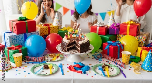 Colorful birthday party table with gifts balloons and cake scene.