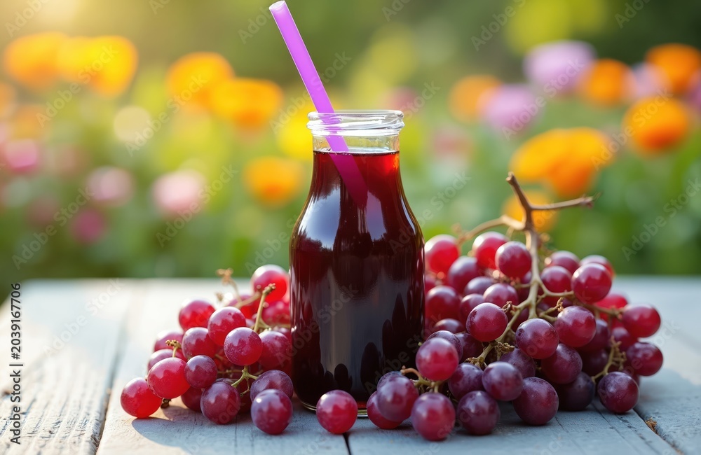 Fototapeta premium Glass bottle filled with deep red grape juice sits on weathered wood table. Fresh ripe grape clusters surround container with straw. Soft focus garden background with colorful flowers adds natural