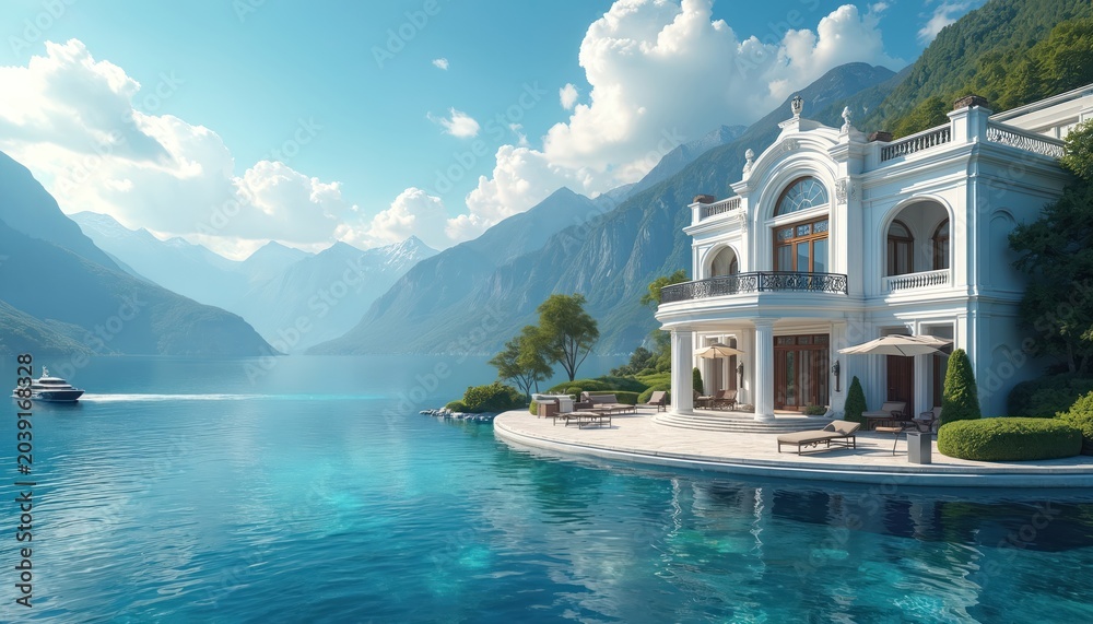 Obraz premium White mansion rests on lake shore near mountains. Yacht sails on calm blue water. Luxury estate offers scenic views and opulent lifestyle. Perfect for travel and real estate themes.