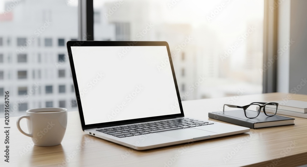 Fototapeta premium Bright modern workspace with laptop glasses and mug on desk by window.
