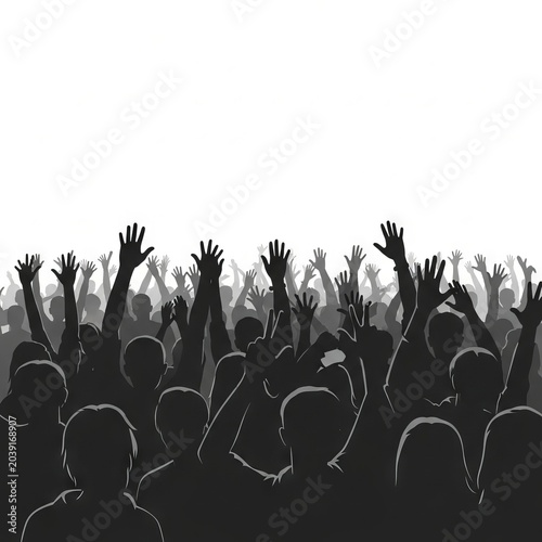 Concert Crowd Silhouettes Vector with Cheering Audience and Raised Hands Isolated on White Background