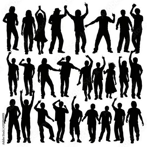 Concert Crowd Silhouettes Vector with Cheering Audience and Raised Hands Isolated on White Background